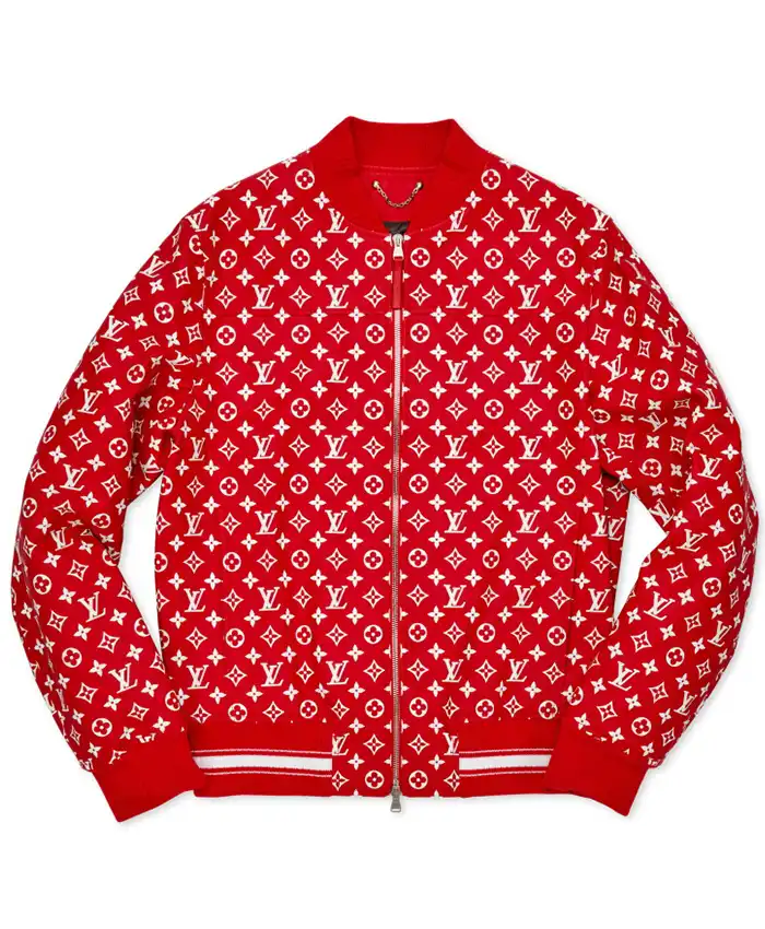 Supreme LV Pattern Red Leather Bomber Jacket Front