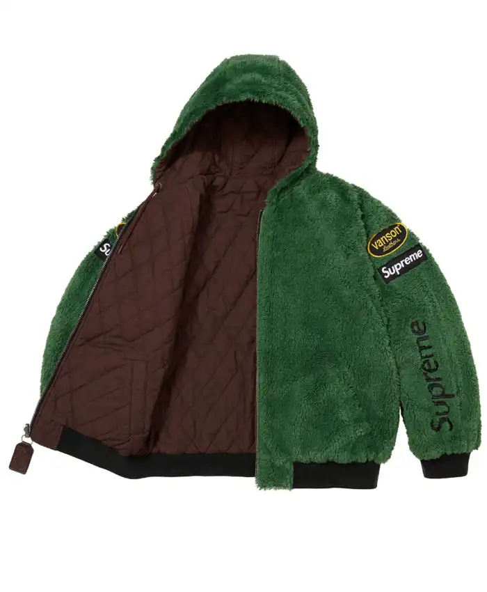 Supreme Vanson POPEYE FW26 Skull Graphic Leather Reversible Quilted Hooded Jacket Green Front