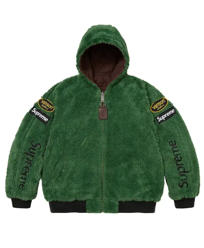 Supreme Vanson POPEYE FW26 Skull Graphic Leather Reversible Quilted Hooded Jacket Green