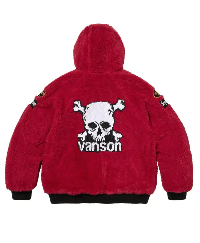 Supreme Vanson POPEYE FW26 Skull Graphic Leather Reversible Quilted Hooded Jacket Red Back