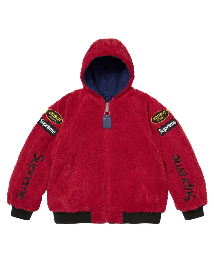 Supreme Vanson POPEYE FW26 Skull Graphic Leather Reversible Quilted Hooded Jacket Red Front