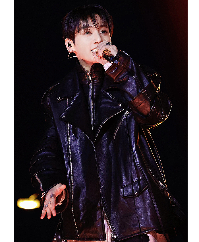 The Comeback Live 2026 Arirang Jeon Jungkook Oversized Black Leather Biker Jacket Front Side