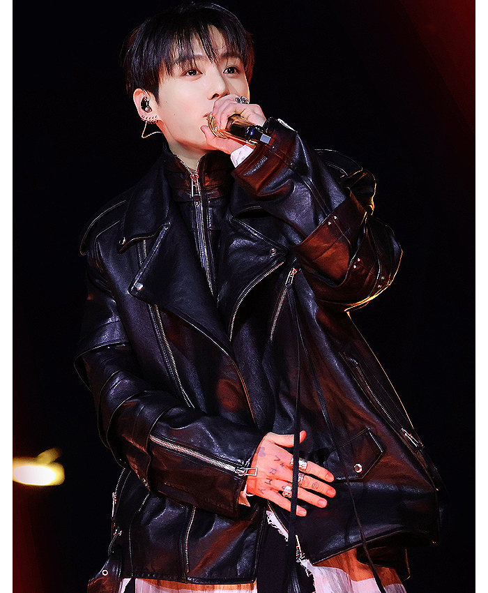 The Comeback Live 2026 Arirang Jeon Jungkook Oversized Black Leather Biker Jacket Front