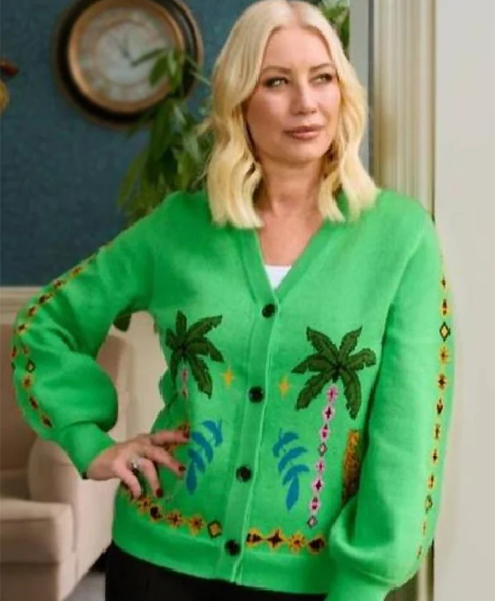 The Great Celebrity Pottery Throw Down Denise Van Outen Palm Trees Leopard Graphics Green Cardigan