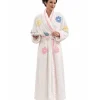 Fran Drescher floral bathrobe with full-length sleeves and open hem cuffs