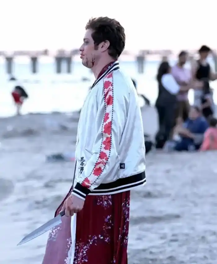 Tommy Karate Pete Davidson White Satin Bomber Jacket For Sale