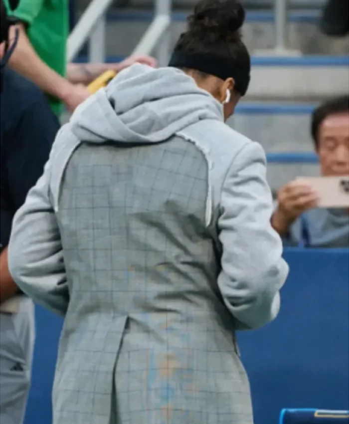 US Open 2026 Naomi Osaka Grey Plaid Hooded Blazer with Fleece Sleeves Back View