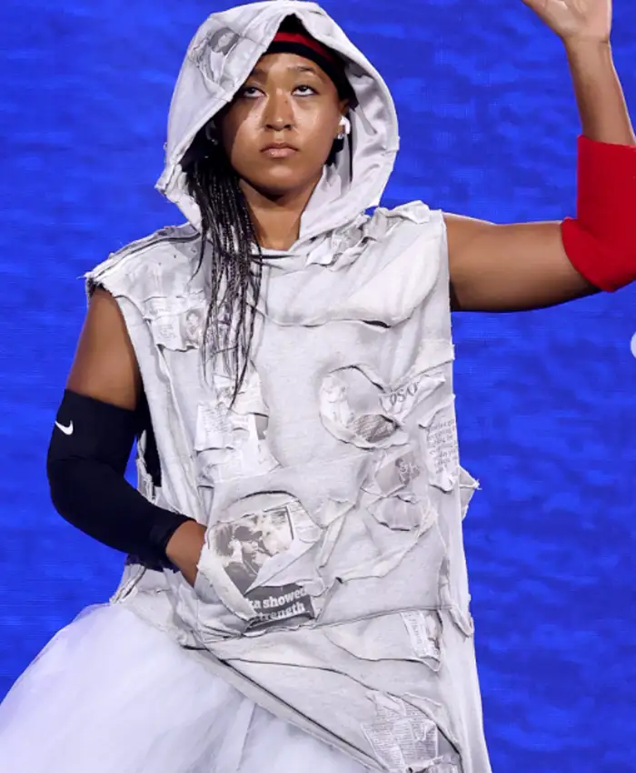 US Open 2026 Naomi Osaka Off-White Patches Custom Hooded Gown Front View