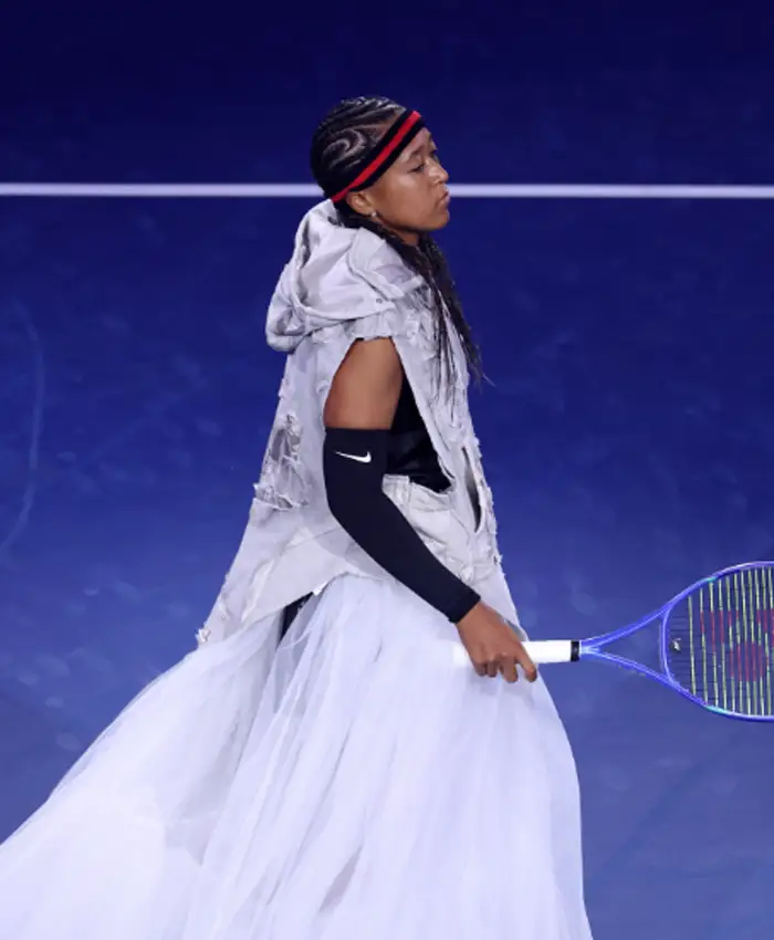 US Open 2026 Naomi Osaka Off-White Patches Custom Hooded Gown Side View