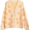 Women Cute Y2K Daisy Print Knitted Cardigan Beige