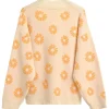 Women Cute Y2K Daisy Print V Neck Button Down Knitted Cardigan Sweater Beige Back