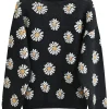 Women Cute Y2K Daisy Print V Neck Button Down Knitted Cardigan Sweater Black Back
