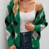 Women Green Argyle Diamond Patterns V-Neck Button-Down Knitted Cardigan Sweater