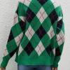 Women Green Argyle Diamond Patterns V-Neck Button-Down Knitted Cardigan Sweater Back View