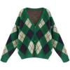 Women Green Argyle V-Neck Button-Down Knitted Cardigan
