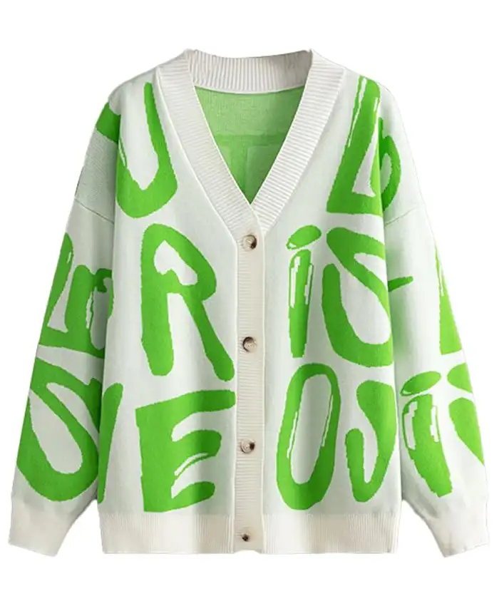 Women Letter Print Button Up Knitted Cardigan Green