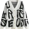 Women Letter Print Front Open Button Up Knitted Cardigan Sweater Black