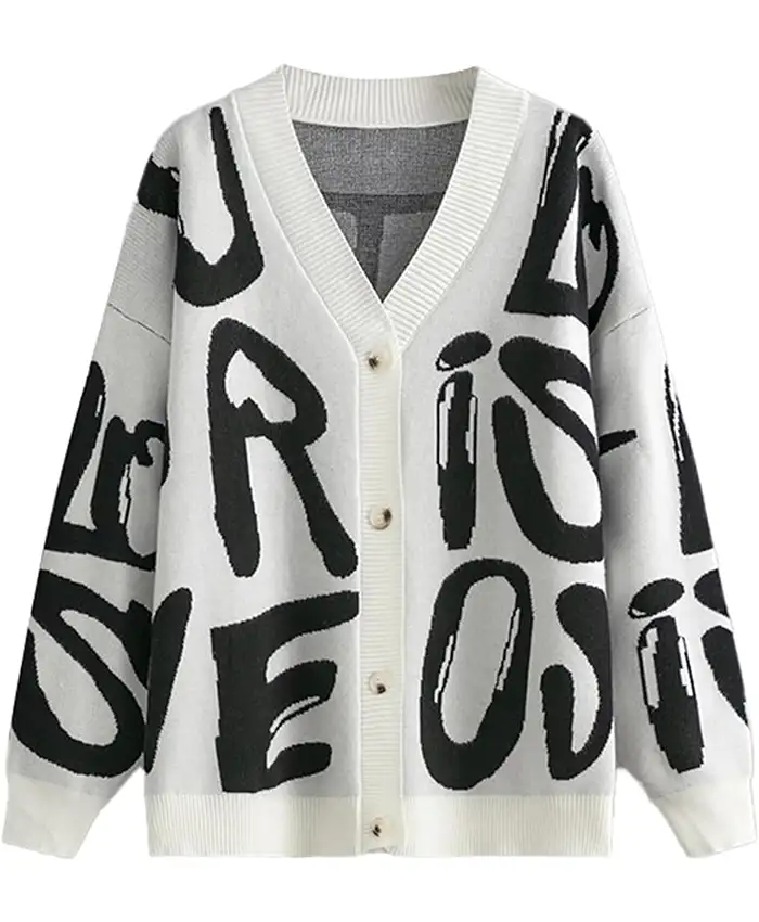 Women Letter Print Front Open Button Up Knitted Cardigan Sweater Black