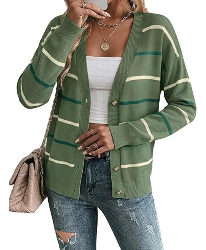 Women Sidefeel Striped Cropped Cardigan Green