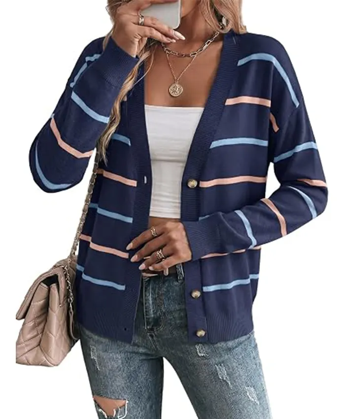 Women Sidefeel Striped Cropped Cardigan Navy Blue