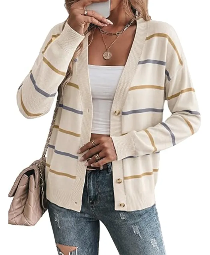 Women Sidefeel Striped Cropped Cardigan White