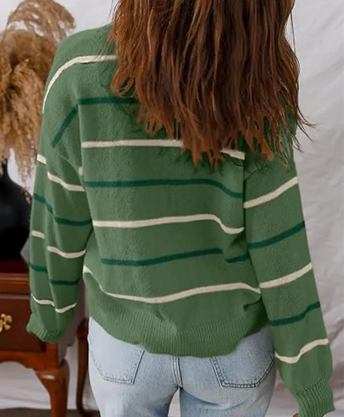 Women Sidefeel Striped Cropped V-Neck Button Down Cardigan Swaeters Green Back