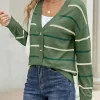Women Sidefeel Striped Cropped V-Neck Button Down Cardigan Swaeters Green Side View
