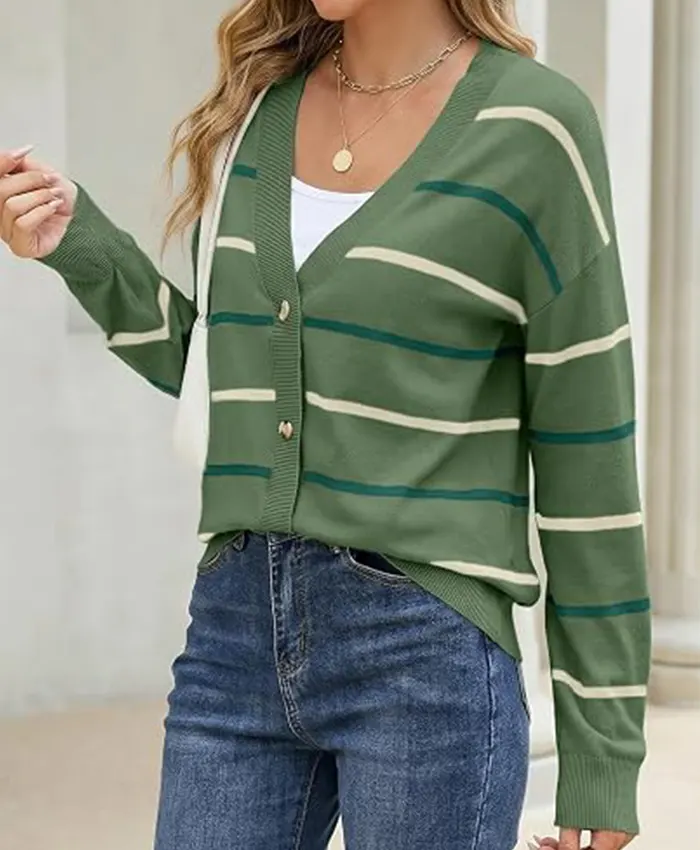 Women Sidefeel Striped Cropped V-Neck Button Down Cardigan Swaeters Green Side View
