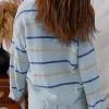 Women Sidefeel Striped Cropped V-Neck Button Down Cardigan Swaeters Light Blue Back