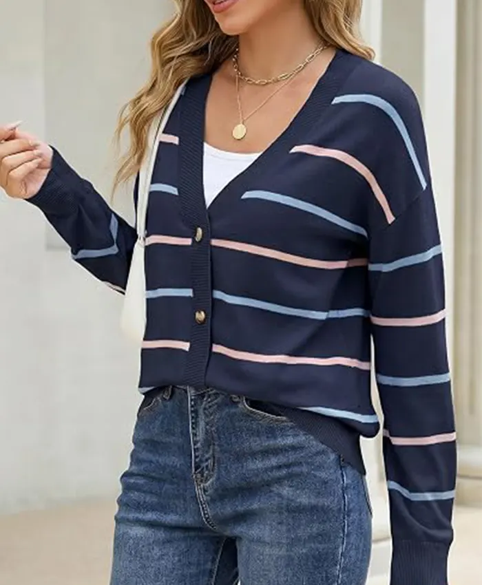 Women Sidefeel Striped Cropped V-Neck Button Down Cardigan Swaeters Navy Blue Side