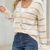 Women Sidefeel Striped Cropped V-Neck Button Down Cardigan Swaeters White Side