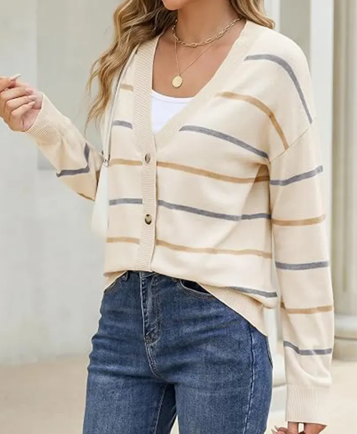 Women Sidefeel Striped Cropped V-Neck Button Down Cardigan Swaeters White Side