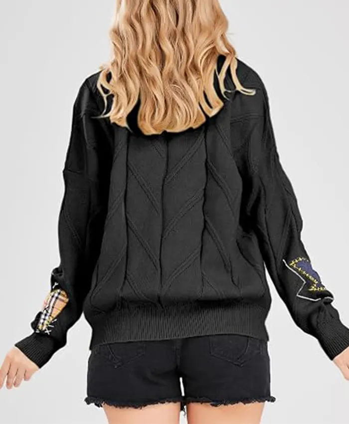Women's Chouyatou Cable Knit V-Neck Button Down Embroidery Cardigan Black Back