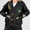 Women's Chouyatou Cable Knit V-Neck Button Down Embroidery Cardigan Black Front