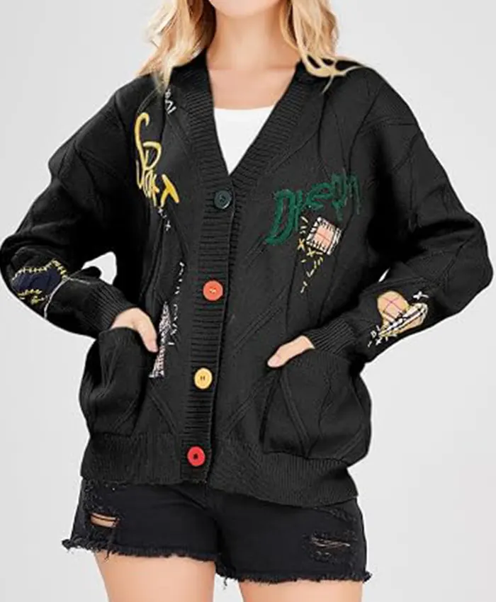 Women's Chouyatou Cable Knit V-Neck Button Down Embroidery Cardigan Black Front