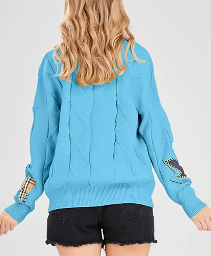 Women's Chouyatou Cable Knit V-Neck Button Down Embroidery Cardigan Blue Back
