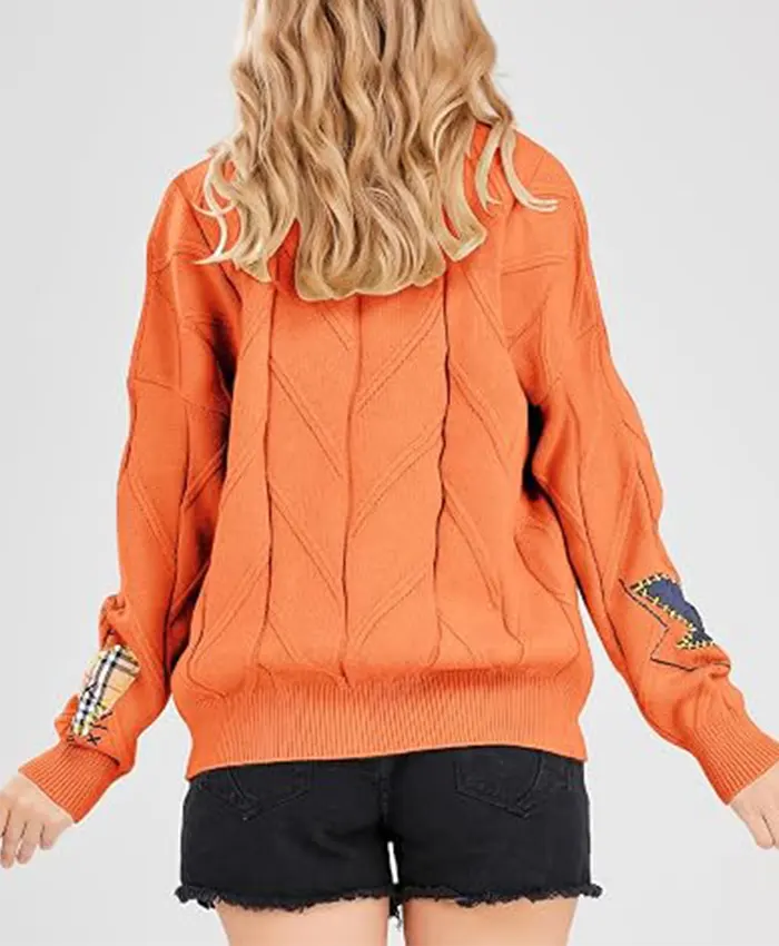 Women's Chouyatou Cable Knit V-Neck Button Down Embroidery Cardigan Orange Back