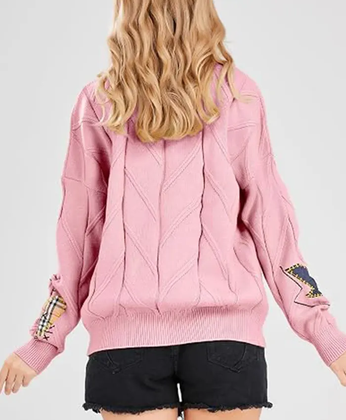 Women's Chouyatou Cable Knit V-Neck Button Down Embroidery Cardigan Pink Back