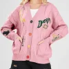 Women's Chouyatou Cable Knit V-Neck Button Down Embroidery Cardigan Pink Front