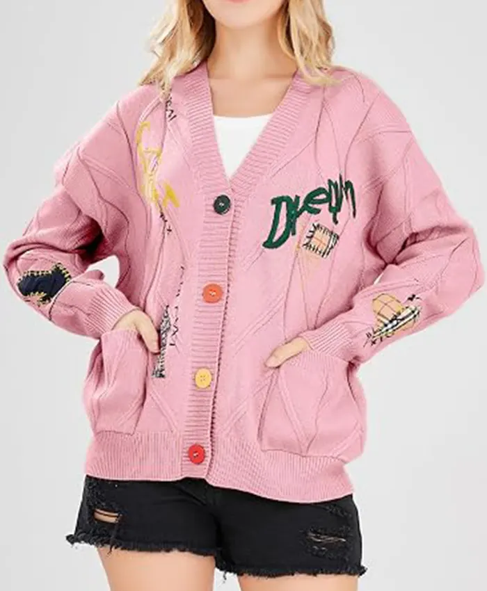 Women's Chouyatou Cable Knit V-Neck Button Down Embroidery Cardigan Pink Front