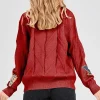 Women's Chouyatou Cable Knit V-Neck Button Down Embroidery Cardigan Red Back