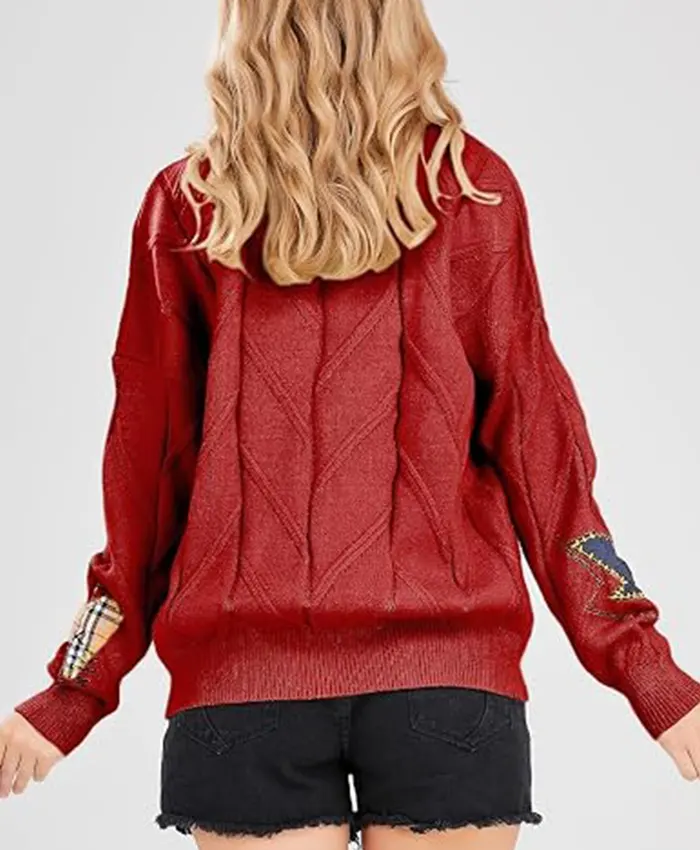 Women's Chouyatou Cable Knit V-Neck Button Down Embroidery Cardigan Red Back