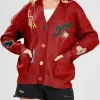 Women's Chouyatou Cable Knit V-Neck Button Down Embroidery Cardigan Red Front