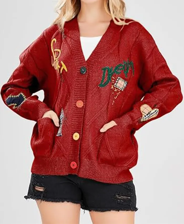 Women's Chouyatou Cable Knit V-Neck Button Down Embroidery Cardigan Red Front