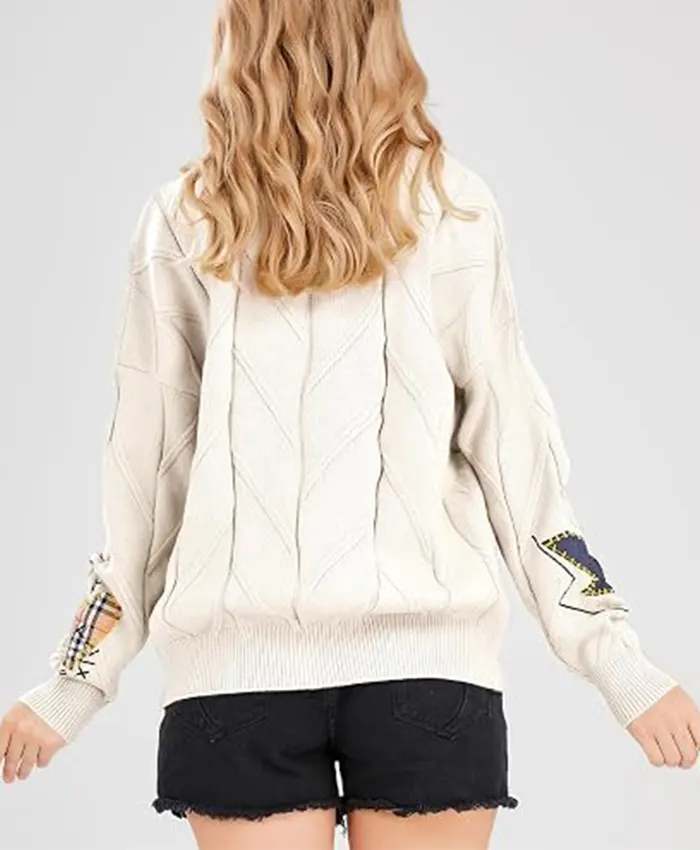 Women's Chouyatou Cable Knit V-Neck Button Down Embroidery Cardigan White Back