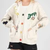 Women's Chouyatou Cable Knit V-Neck Button Down Embroidery Cardigan White Front