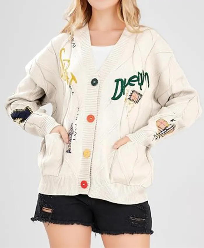Women's Chouyatou Cable Knit V-Neck Button Down Embroidery Cardigan White Front