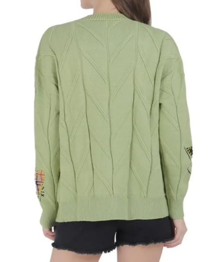 Women's Chouyatou Cable Knit V-Neck Button Down Embroidery Green Cardigan Back View