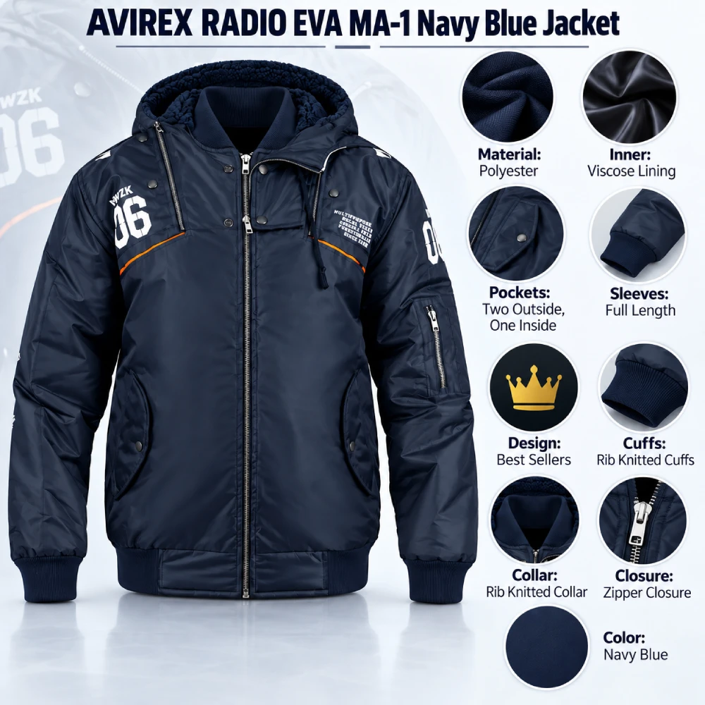 AVIREX RADIO EVA MA-1 Navy Blue Jacket Infographic