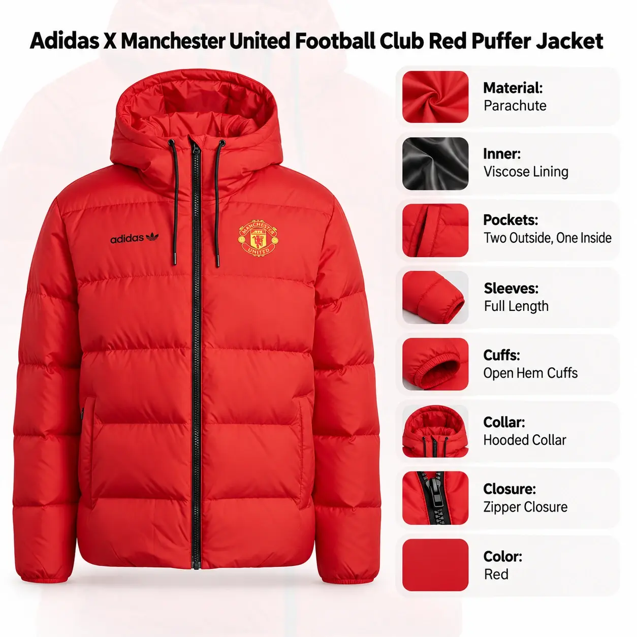 Adidas X Manchester United Football Club Red Puffer Jacket infographic